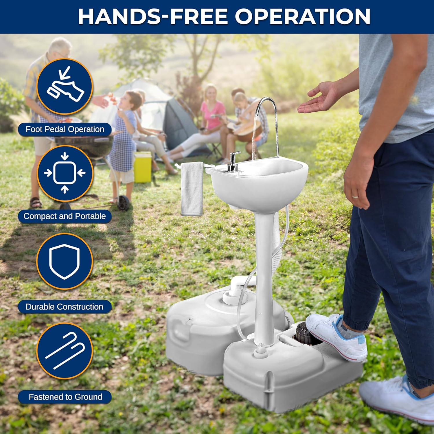 SereneLife Portable Camping Sink with 5-Gallon Water Tank, 6.4-Gallon Waste Tank, Foot Pump, Soap Dispenser, and Towel Holder – Ideal for Camping, Outdoor Use, and Worksites