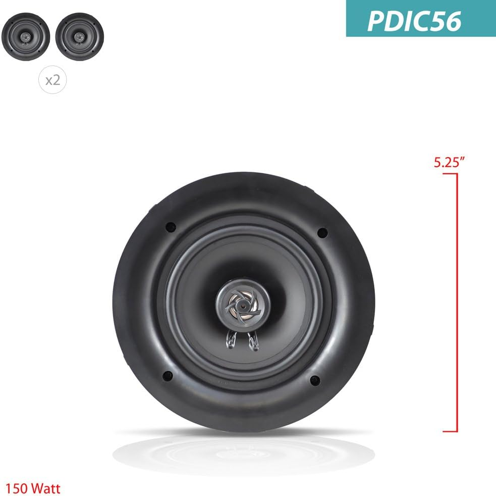 5.25'' In-Wall/In-Ceiling Dual Speakers (Pair) - 2-Way Woofer Speaker System 1/2” Polymer Tweeter Flush Mount w/ 80Hz - 20kHz Frequency Response 150 Watts Peak 8 Ohm Rating - Pyle PDIC56 (White)