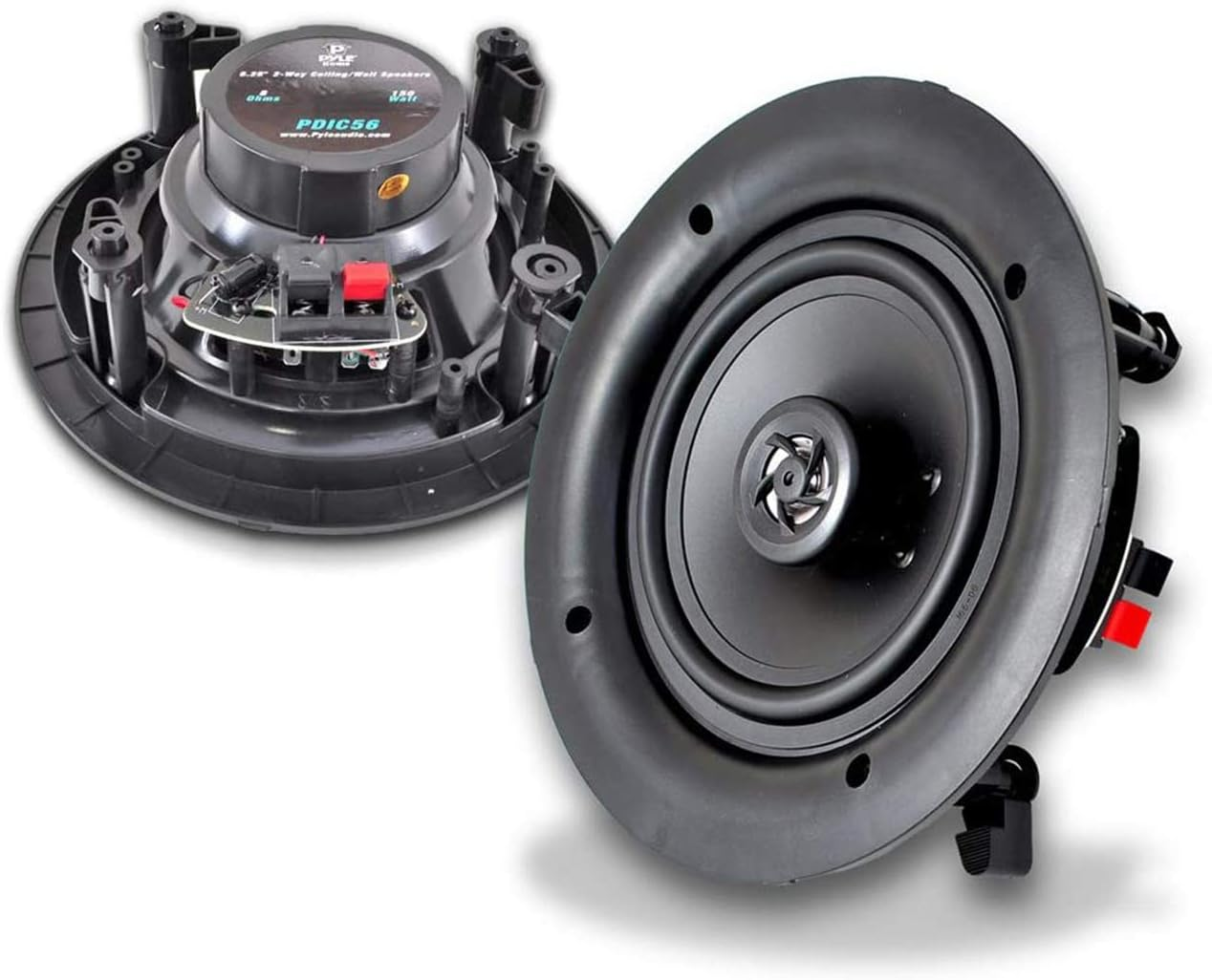 5.25'' In-Wall/In-Ceiling Dual Speakers (Pair) - 2-Way Woofer Speaker System 1/2” Polymer Tweeter Flush Mount w/ 80Hz - 20kHz Frequency Response 150 Watts Peak 8 Ohm Rating - Pyle PDIC56 (White)