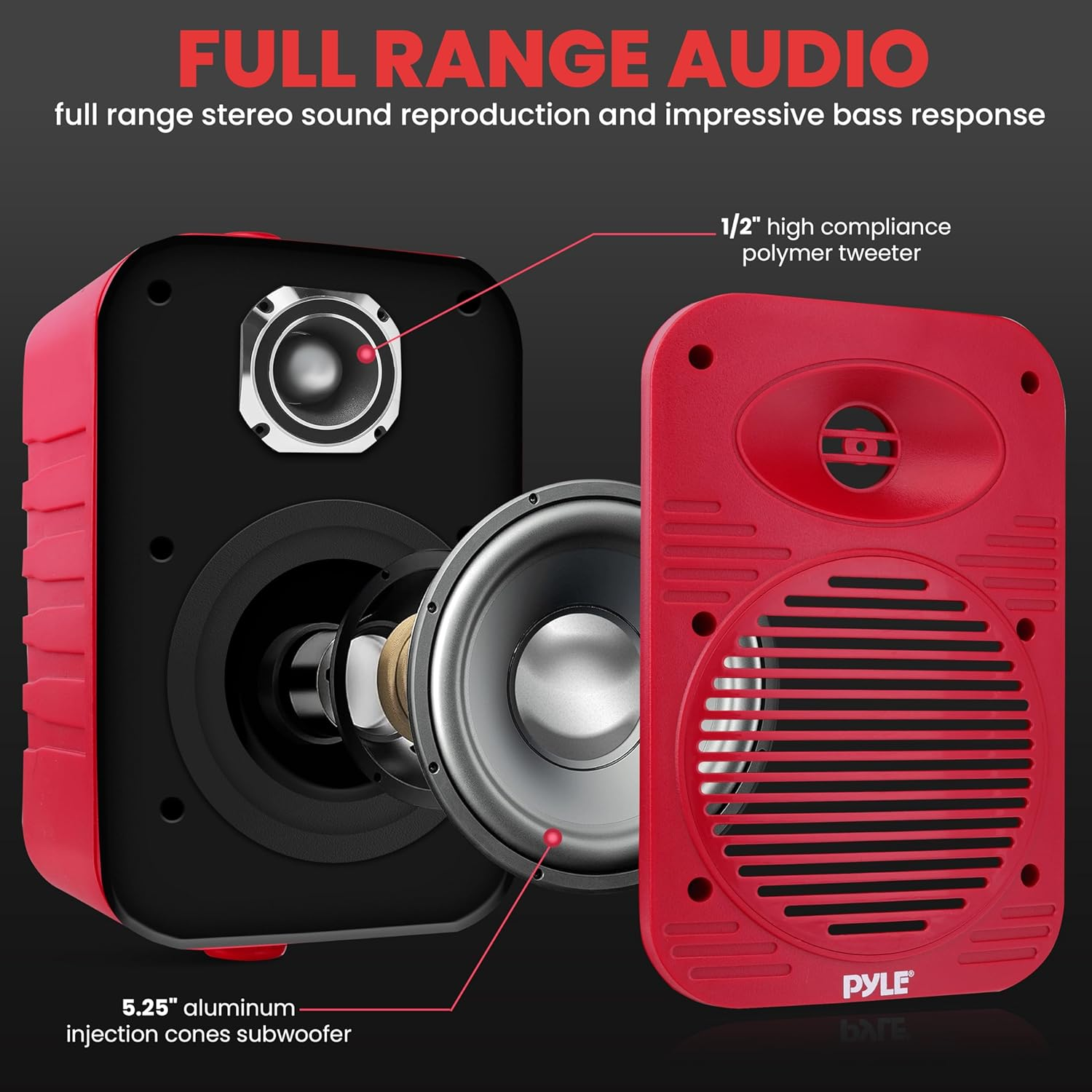 Pyle Indoor/Outdoor Speaker Pair – 500W Dual Waterproof 5.25” 2-Way Full-Range Speakers with 1/2” High-Compliance Polymer Tweeter – Ideal for Home, Boat, Marine, Deck, Patio, or Poolside Use (Red)