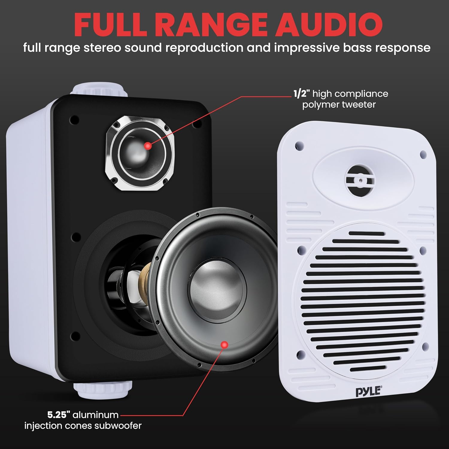 Pyle Indoor/Outdoor Speaker Pair – 500W Dual Waterproof 5.25” 2-Way Full-Range Speaker System with 1/2” High-Compliance Polymer Tweeter – Ideal for Home, Boat, Marine, Deck, Patio, or Poolside Use (White)