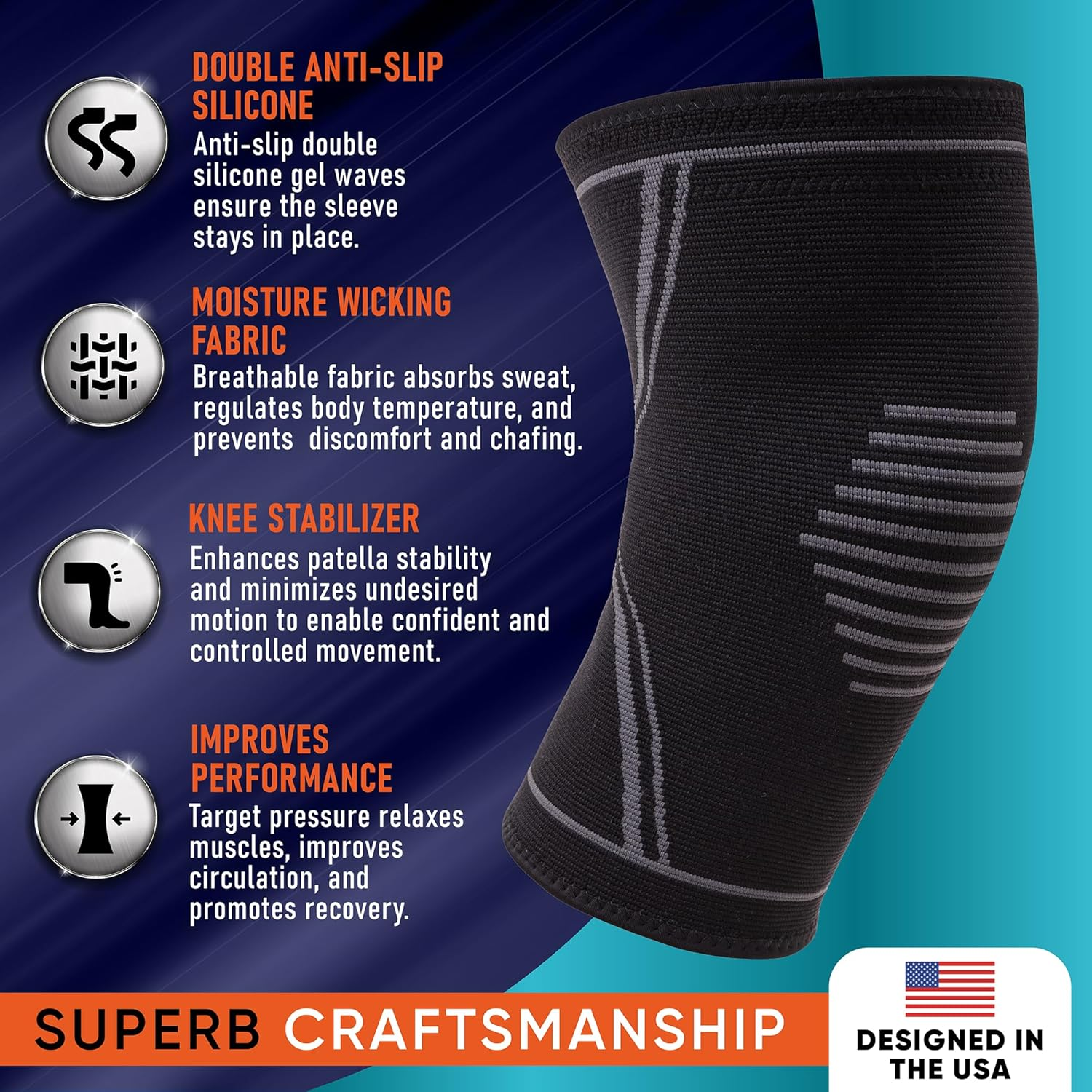 Knee Brace for Pain Relief – 2-Pack Compression Knee Sleeves for Men and Women – Support for Weightlifting, Gym, Sports, Volleyball, Meniscus Tears, ACL, and Arthritis