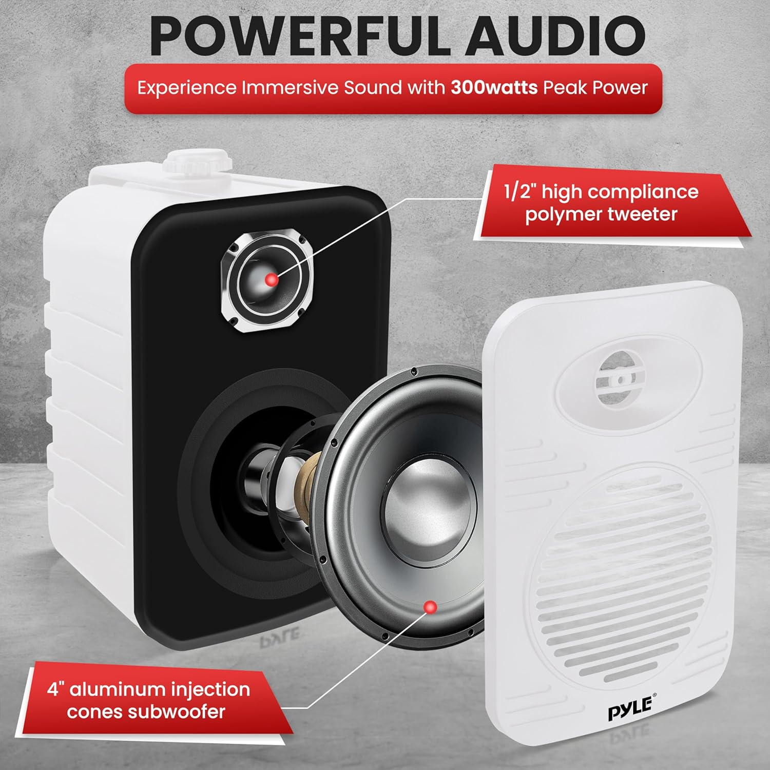 Pyle Outdoor Speakers – 300W Waterproof Marine-Grade Speakers with Universal Mounting and Heavy-Duty ABS Construction for Home, Boat, Deck, or Pool – White