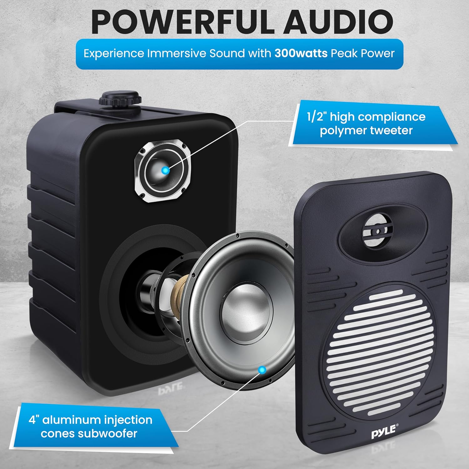 Pyle Indoor Outdoor Speakers Pair – 300W Dual Waterproof 4” 2-Way Full Range Speaker System with 1/2” High Compliance Polymer Tweeter for Home, Boat, Marine, Deck, Patio, or Poolside – Black