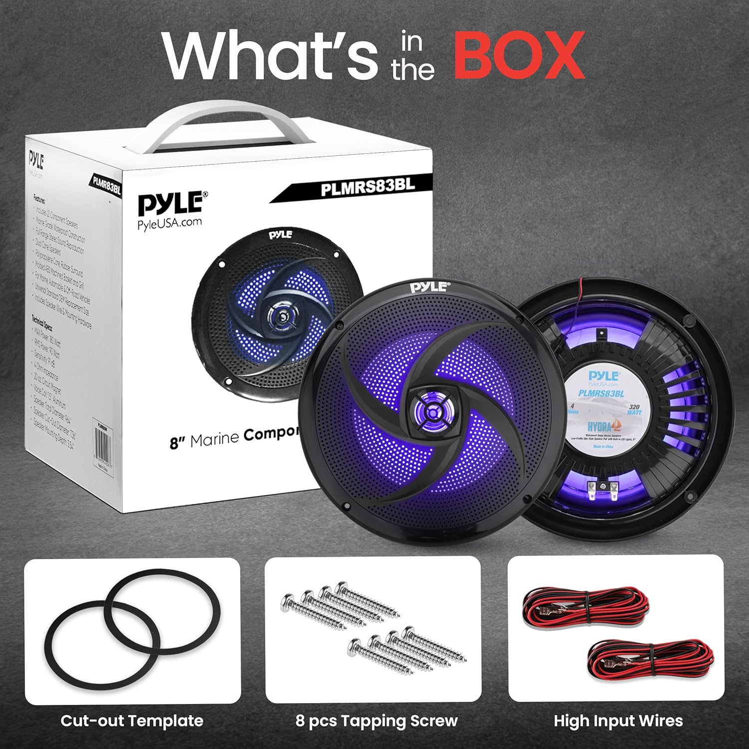 PyleUSA Dual 8” Marine Speakers – 2-Way Full Range Stereo Sound, 160W, Black with Blue LED Illumination and Water-Resistant Design