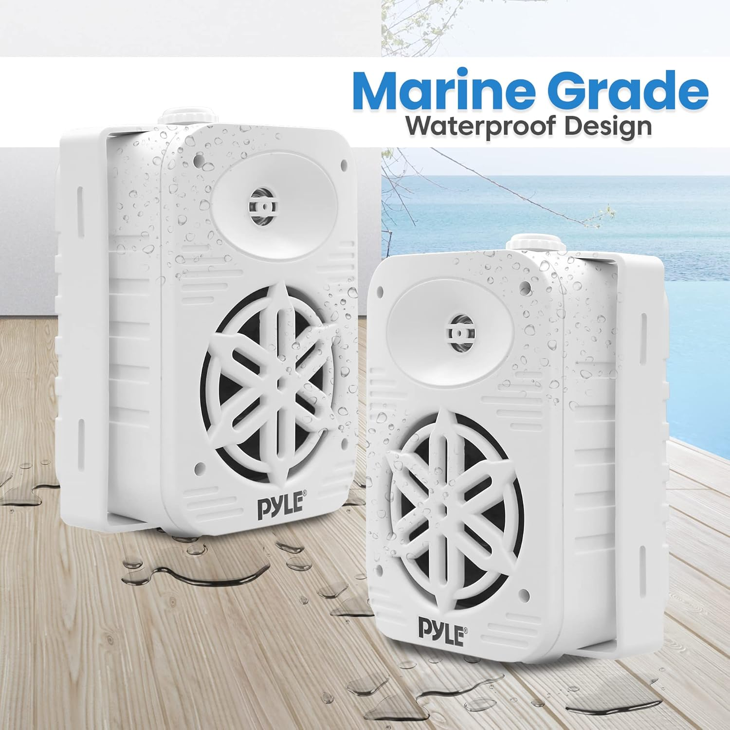 PyleUSA Indoor Outdoor Speakers Pair – 500W Waterproof 5.25” 2-Way Full Range Speaker System with 1/2” High Compliance Polymer Tweeter for Home, Boat, Marine, Deck, Patio, or Poolside – White – PDWR55WT