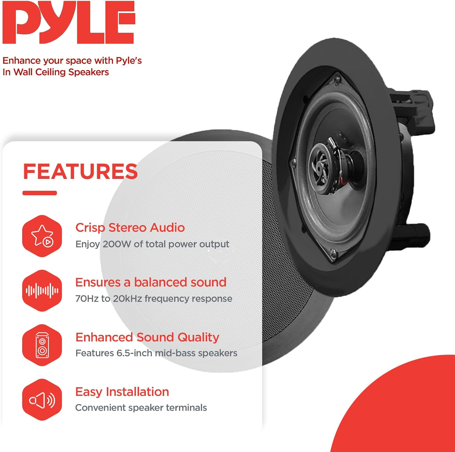 Pyle PDIC61RDBK In-Wall/In-Ceiling 6.5” Dual 2-Way Flush Mount Speaker System – Black Pair