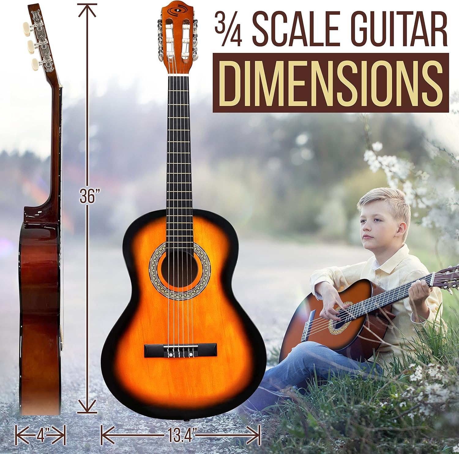 Pyle 36" 6-String Classical Guitar – 3/4 Size Scale with Digital Tuner and Accessory Kit, Sunburst Finish, Right-Handed – PGACLS82SUN.X9