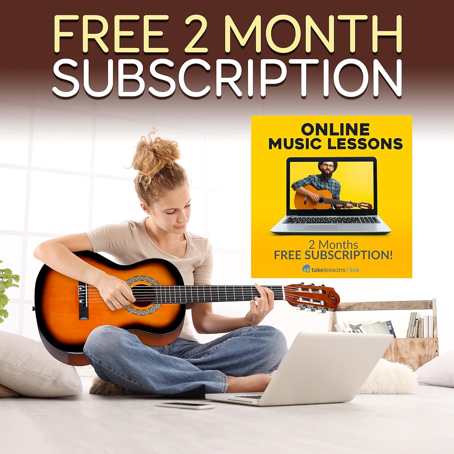 Pyle 36" 6-String Classical Guitar – 3/4 Size Scale with Digital Tuner and Accessory Kit, Sunburst Finish, Right-Handed – PGACLS82SUN.X9