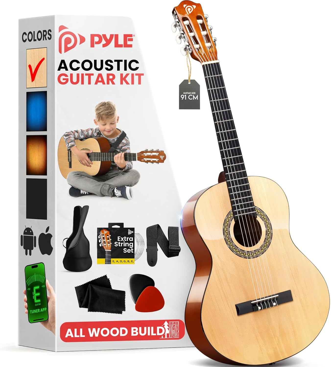Beginner 36” Classical Acoustic Guitar - 6 String Junior Linden Wood Traditional Guitar w/ Wooden Fretboard, Case Bag, Tuner, Nylon Strings, Picks, Cloth, Great for Beginners, Children - Pyle PGACLS82