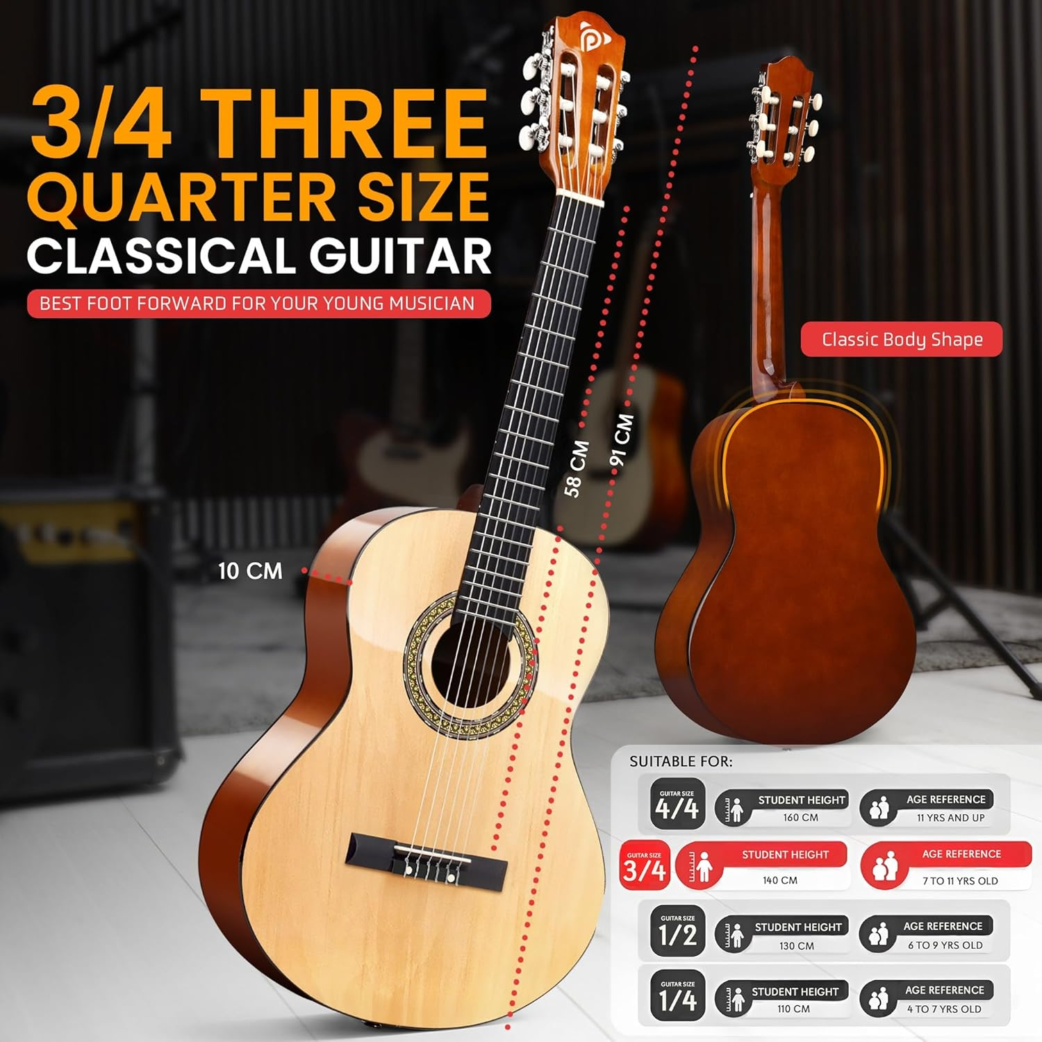 Beginner 36” Classical Acoustic Guitar - 6 String Junior Linden Wood Traditional Guitar w/ Wooden Fretboard, Case Bag, Tuner, Nylon Strings, Picks, Cloth, Great for Beginners, Children - Pyle PGACLS82