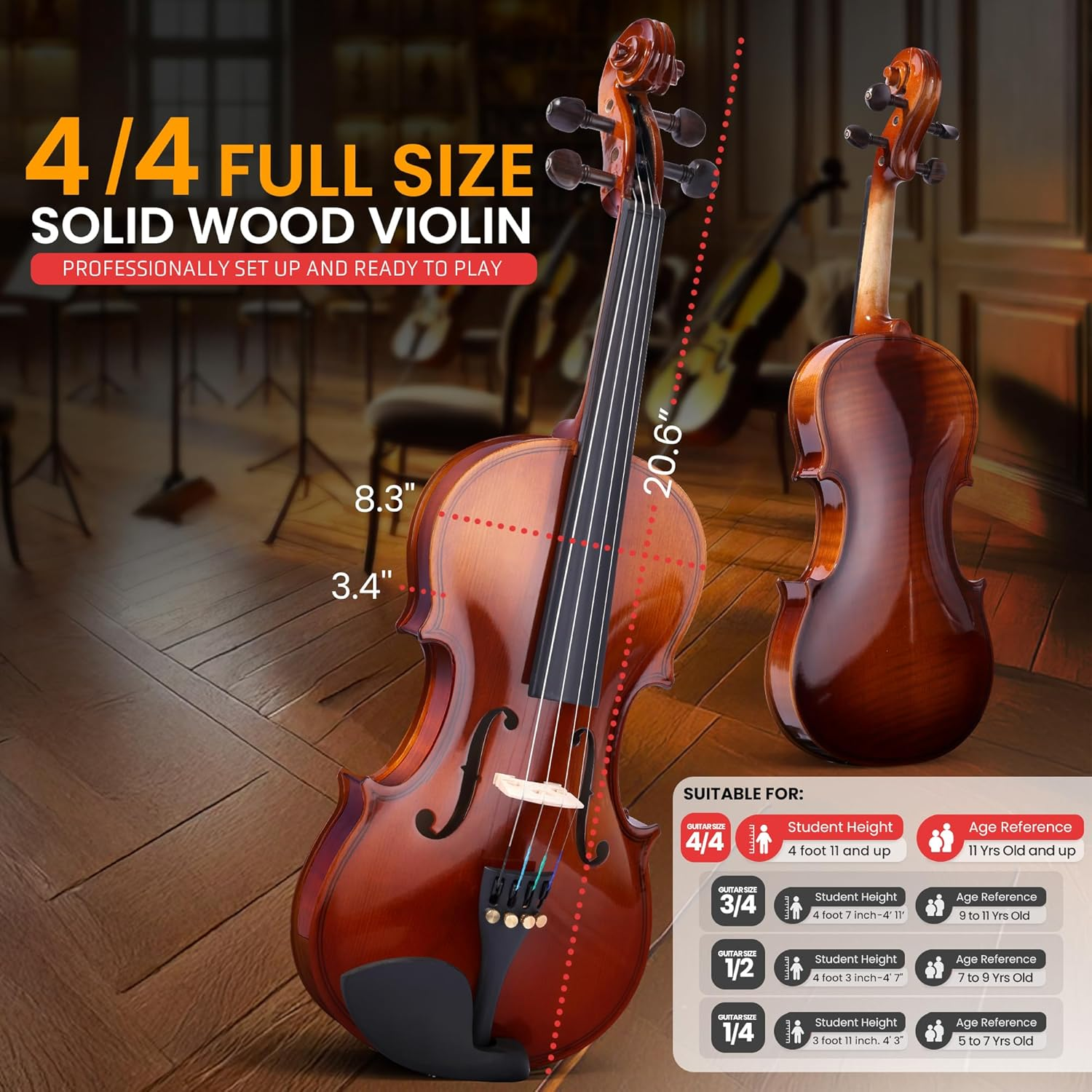 Pyle Full-Size Beginner Violin Kit – Starter Package with Travel Case, Bow, Extra Strings, Digital Tuner, Shoulder Rest, and Cleaning Cloth for Students, Kids, and Adults