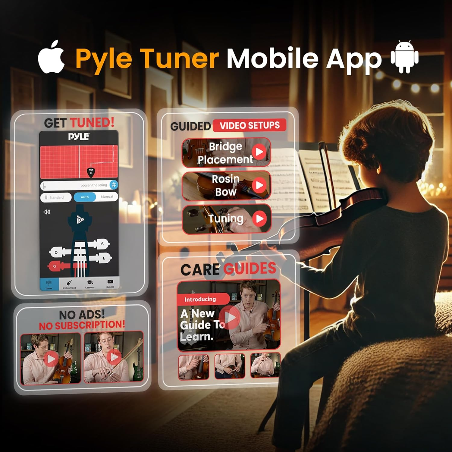 Pyle Full-Size Beginner Violin Kit – Starter Package with Travel Case, Bow, Extra Strings, Digital Tuner, Shoulder Rest, and Cleaning Cloth for Students, Kids, and Adults