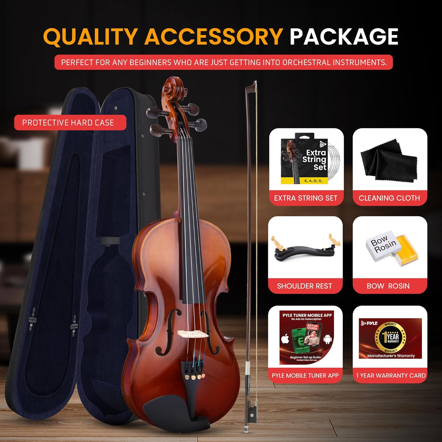 Pyle Full-Size Beginner Violin Kit – Starter Package with Travel Case, Bow, Extra Strings, Digital Tuner, Shoulder Rest, and Cleaning Cloth for Students, Kids, and Adults