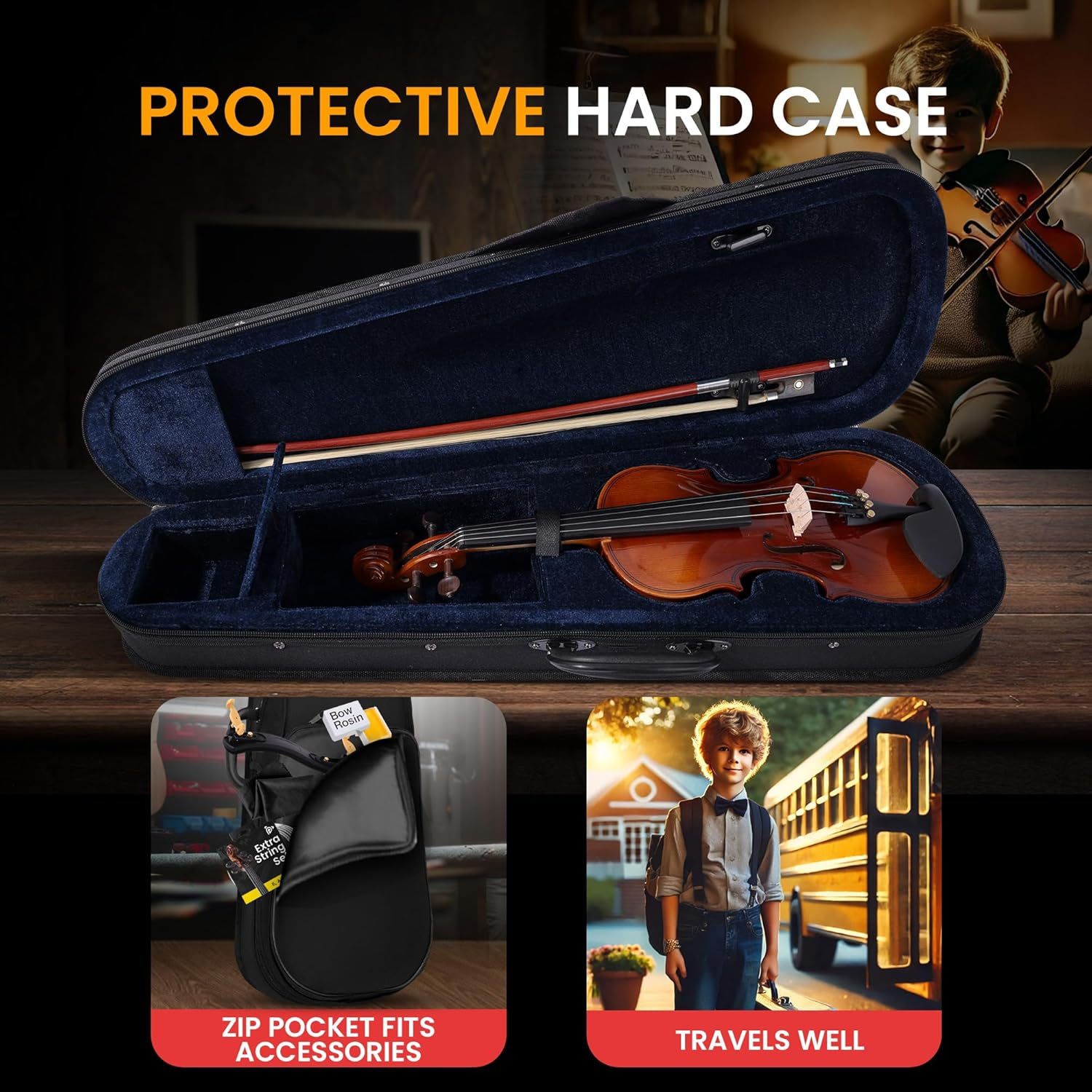 Pyle Full-Size Beginner Violin Kit – Starter Package with Travel Case, Bow, Extra Strings, Digital Tuner, Shoulder Rest, and Cleaning Cloth for Students, Kids, and Adults