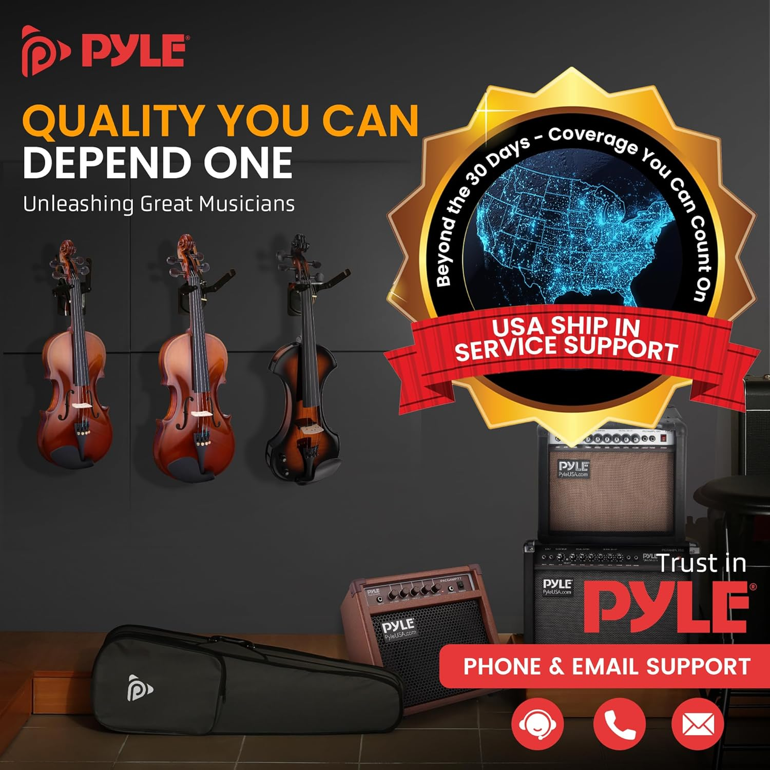 Pyle Full-Size Beginner Violin Kit – Starter Package with Travel Case, Bow, Extra Strings, Digital Tuner, Shoulder Rest, and Cleaning Cloth for Students, Kids, and Adults