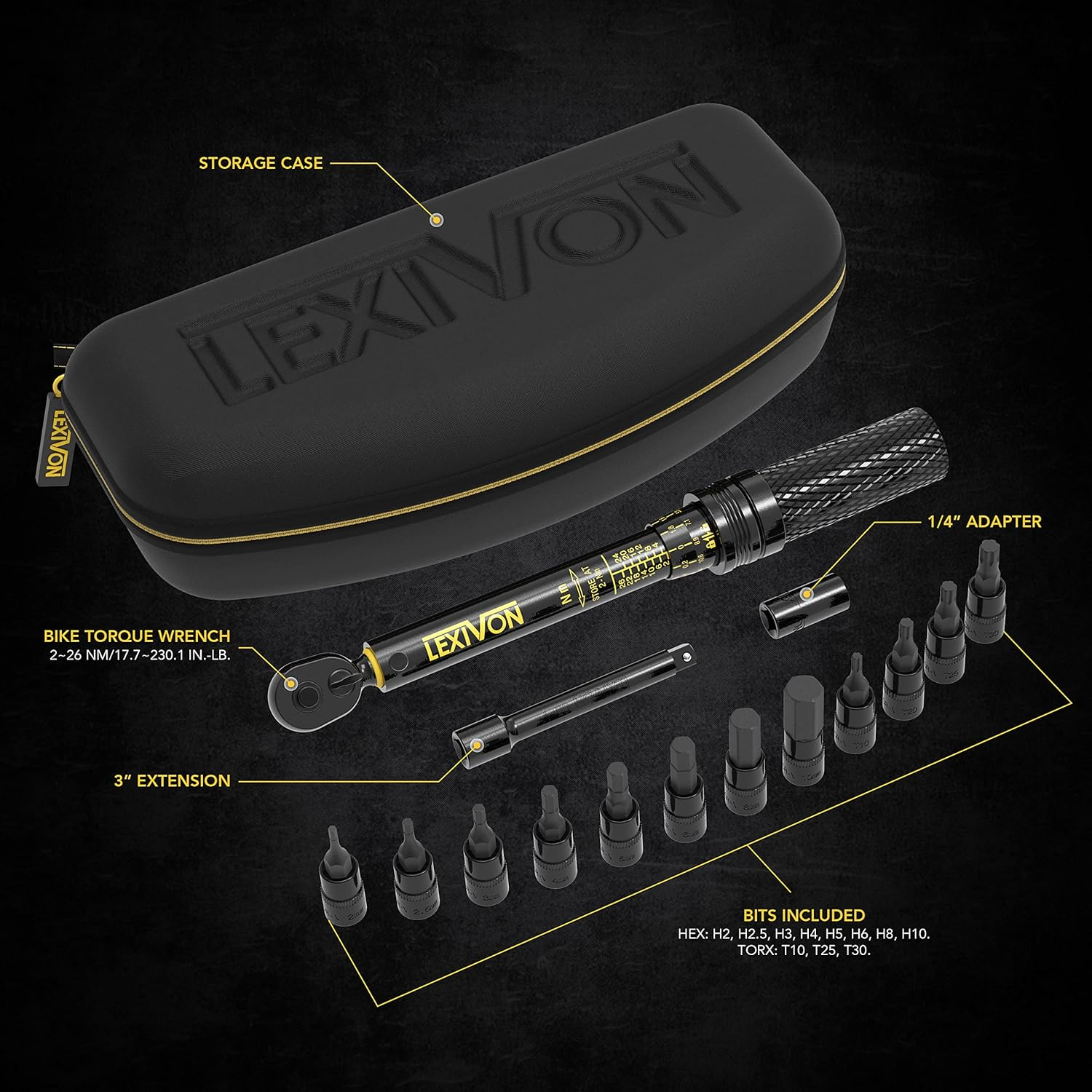 LEXIVON 1/4-Inch Drive Bike Torque Wrench Set – 15-Piece Kit with 72-Tooth Gear, Dual-Direction Click Type, Range 2–26 Nm / 17.7–230.1 in-lb – LX-191