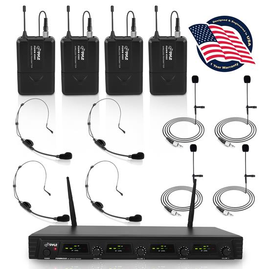 Pyle 4-Ch. UHF Wireless Microphone Receiver System, 4 Headsets, 4 Belt Packs, 4 Lavelier Mics, (PDWM4560)