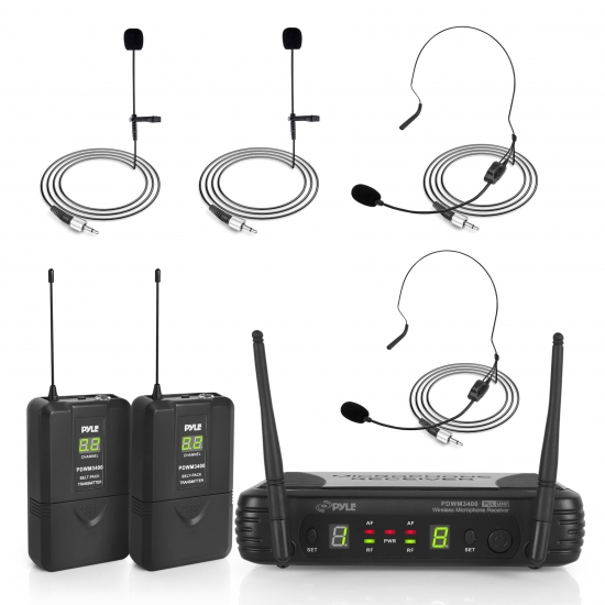 Pyle Pro 8-Ch. UHF Wireless Microphone Receiver System, 2 Headset, 2 Lavalier Mics, 2 Transmitters,(PDWM3400)