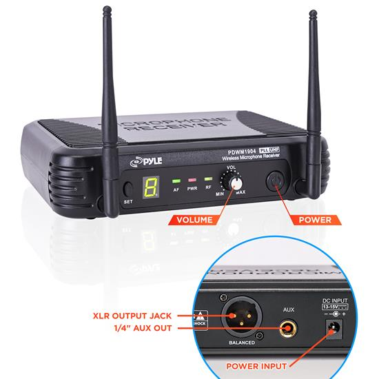Pyle Portable 8-Ch. UHF Wireless Microphone Receiver System, Headset, Lavalier Mic, Transmitter, (PDWM1904)