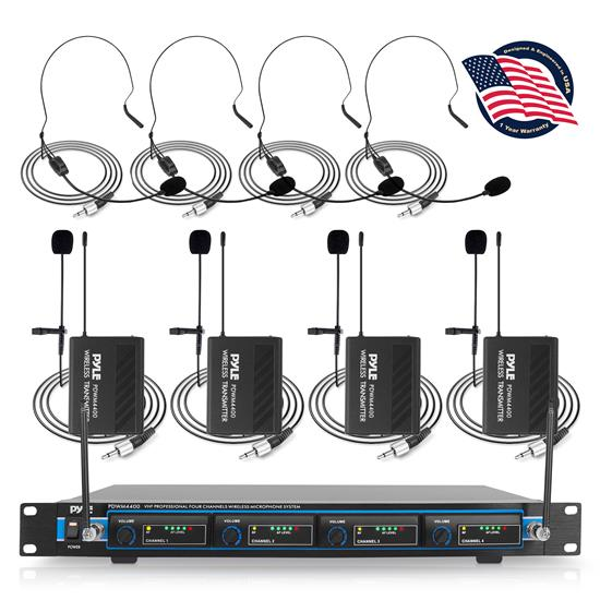 Pyle Professional 4-Ch. VHF Wireless Microphone Receiver System, 4 Headsets, 4 Lavalier Mics, 4 Transmitters, (PDWM4400)