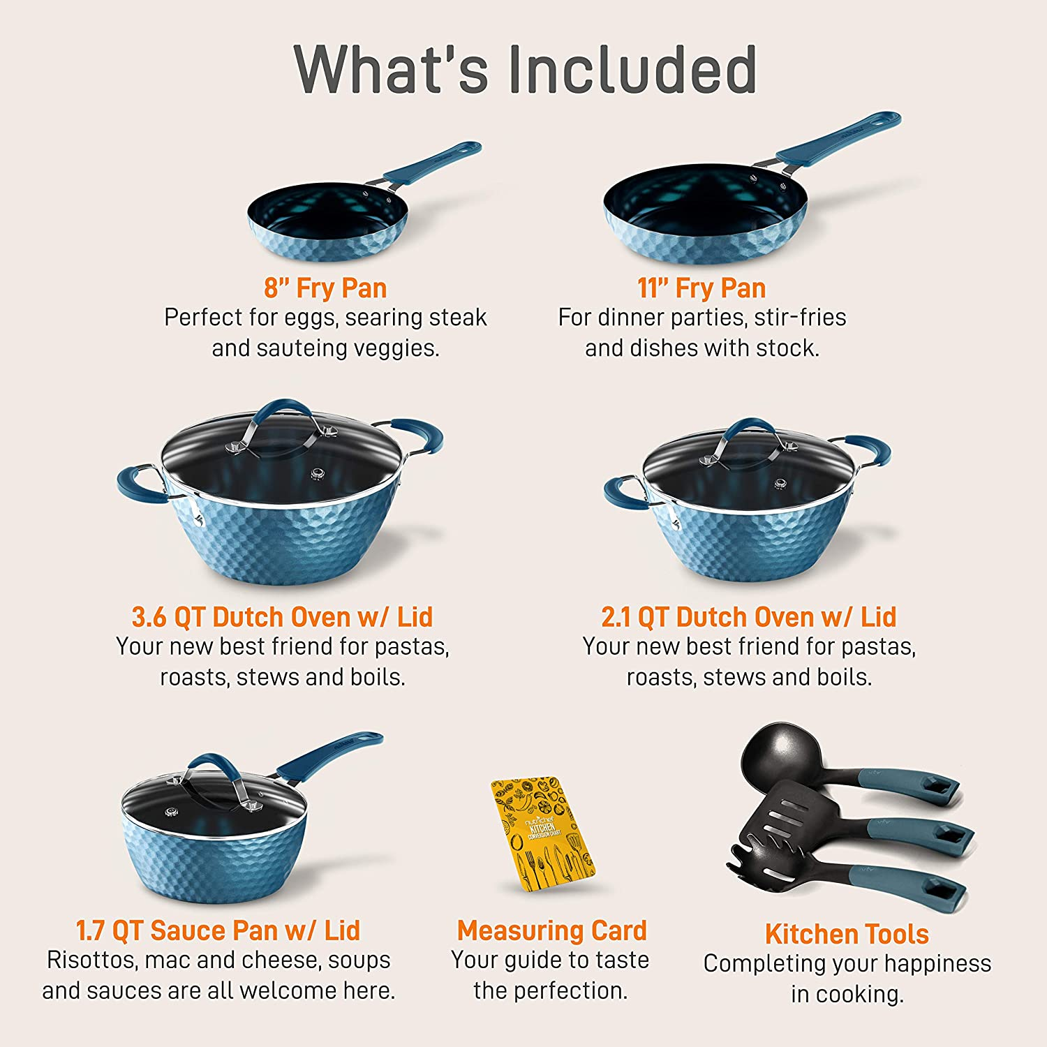 NutriChef 11-Piece Nonstick Kitchen Cookware Set, Ceramic Pots and Pan Set with Saucepan, Frying Pans, Cooking Pots, Dutch Oven Pot, Lids, Utensil -NCCW11DS