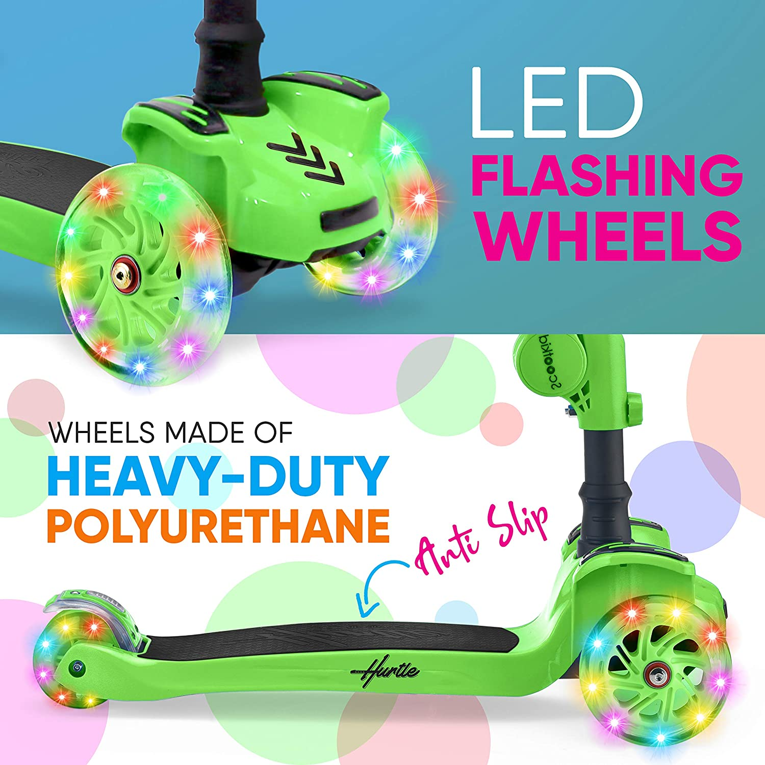 Hurtle ScootKid 3-Wheel Kids Scooter, LED Wheel Lights, Fold-Out Comfort Seat (Ages 1+)