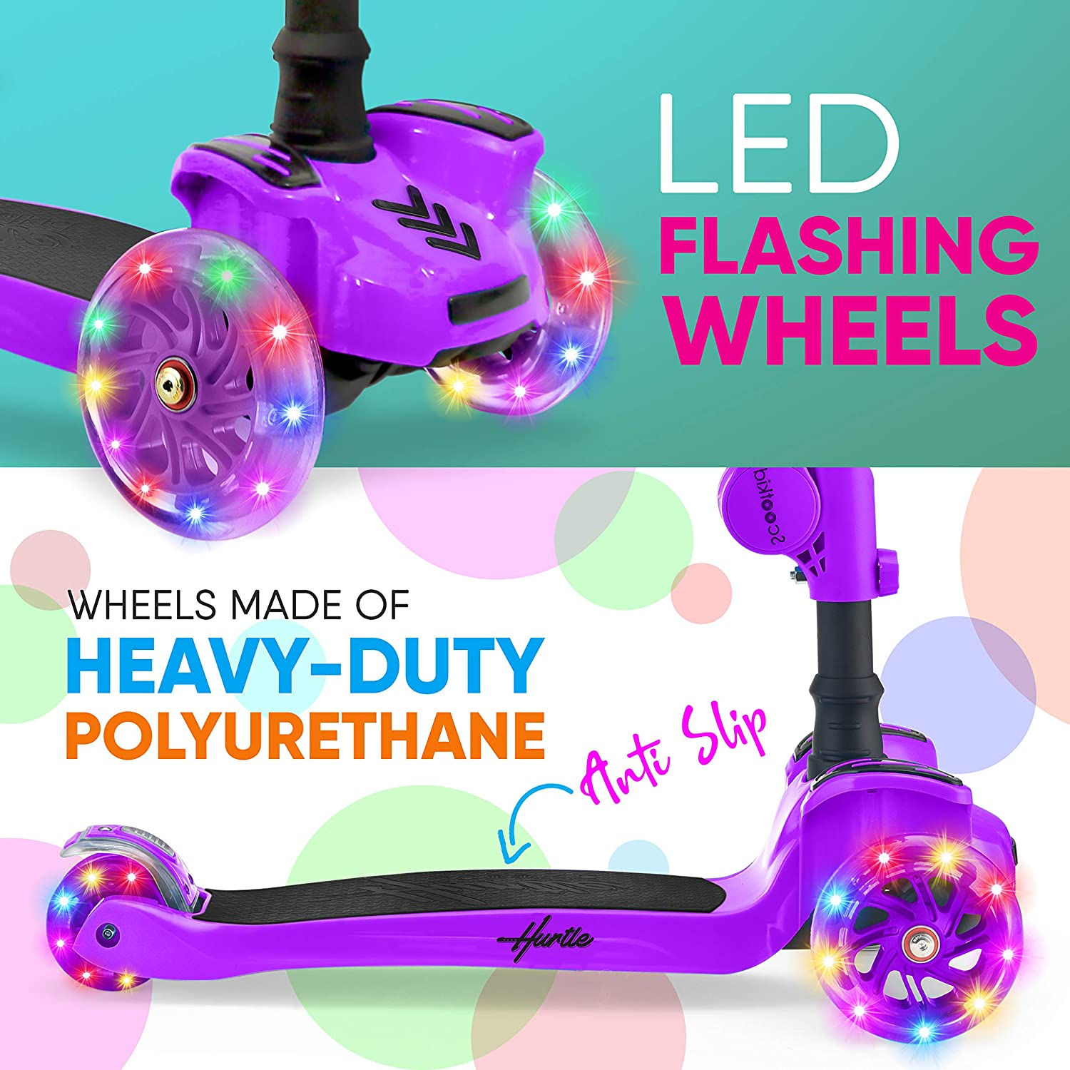 Hurtle ScootKid 3-Wheel Kids Scooter, LED Wheel Lights, Fold-Out Comfort Seat (Ages 1+)