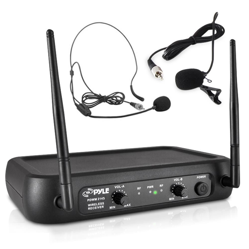 Pyle Wireless Microphone System, VHF Fixed Frequency, 2 Body-Pack Transmitters, 2 Lavalier Mics, 2 Headset Mics (PDWM2145)