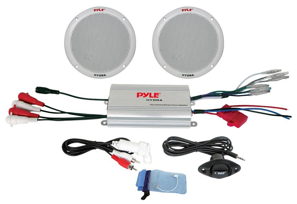 Pyle Marine Receiver Speaker Kit - 2-Channel Amplifier w/ 6.5” Speakers (2) Waterproof Poly Bag 3.5mm Jack RCA Adaptor for MP3/iPod & Volume Gain Remote Control & Power Protection Circuitry - PLMRKT2A