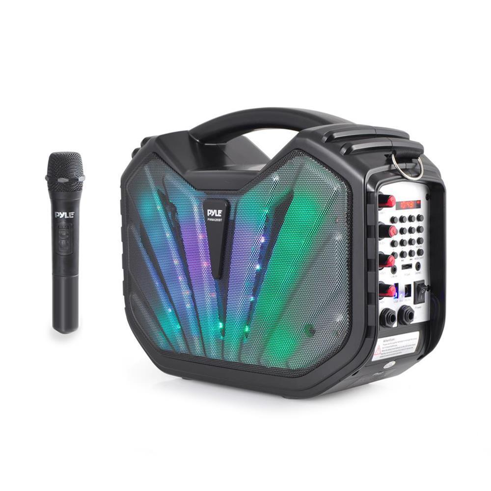Pyle Portable Bluetooth Karaoke Speaker System, Flashing DJ Lights, Built-in Rechargeable Battery, Wireless Microphone, Recording Ability, MP3/USB/SD/FM Radio (PWMA285BT)