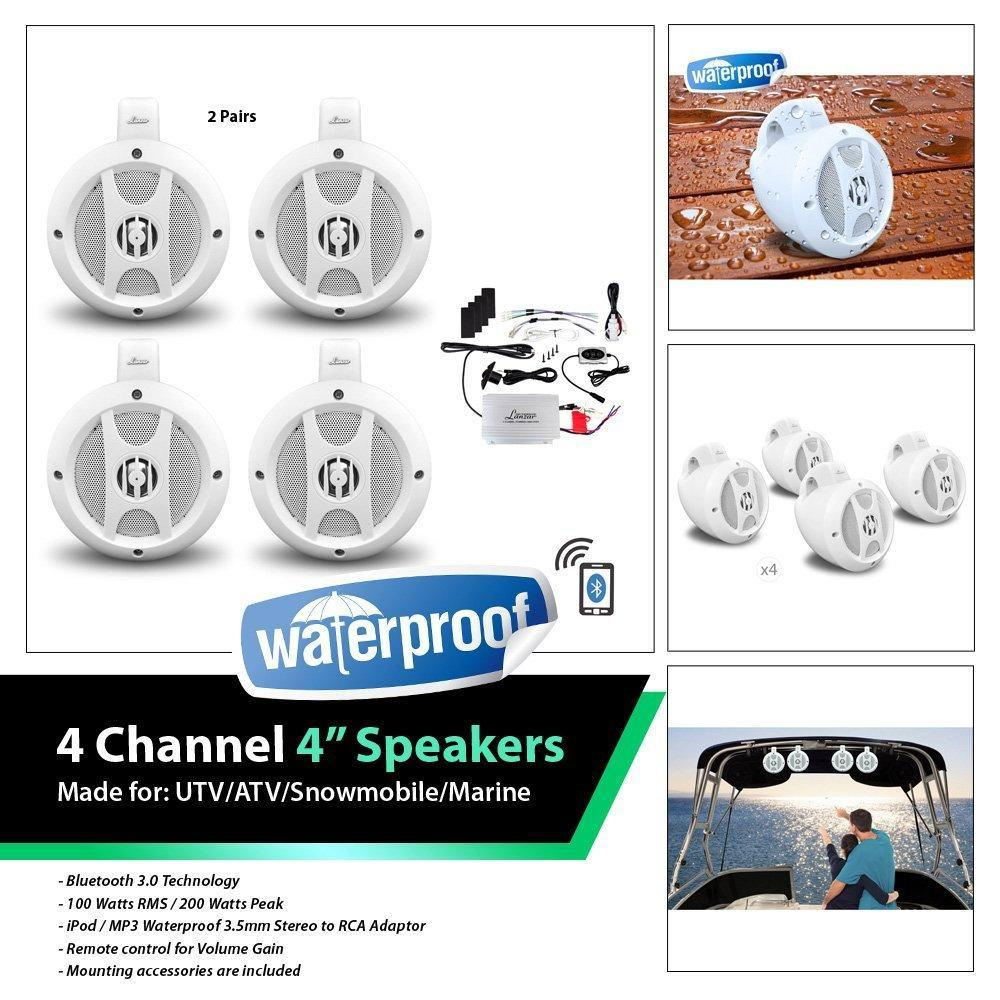 Pyle Lanzar 4 Ch. Waterproof Amplifier Speaker System, 4' 4'' UTV/ATV/Snowmobile Waterproof Bluetooth Speakers (OPTIUTVA10B)