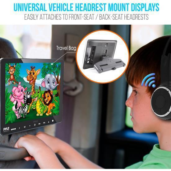 Pyle Dual Vehicle Headrest Mount CD/DVD Player System, 9.4'' HD Screen, Wireless Headphones, (PLHRDVD90KT)