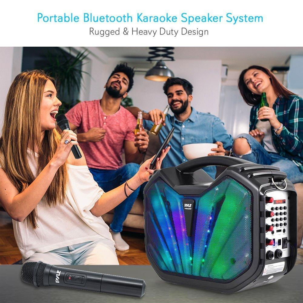 Pyle Portable Bluetooth Karaoke Speaker System, Flashing DJ Lights, Built-in Rechargeable Battery, Wireless Microphone, Recording Ability, MP3/USB/SD/FM Radio (PWMA285BT)
