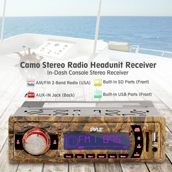 Camo Stereo Radio Headunit Receiver, Aux (3.5mm) MP3 Input, USB Flash & SD Card Readers, Duck Hunting Camouflage Style, Single DIN
