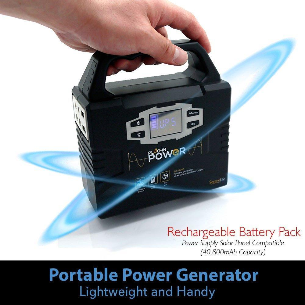 SereneLife Rechargeable Battery Portable Power Generator - 150-Watt Solar Panel Compatible, Dual USB Device Charge Ports, Digital LED Display Panel - Works with Phones, Tablets & Laptops (SLSPGN10)