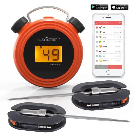 NutriChef Smart Bluetooth BBQ Grill Thermometer - Digital Display, Stainless Dual Probes Safe to Leave in Outdoor Barbecue Meat Smoker - Wireless Remote Alert iOS Android Phone WiFi App (PWIRBBQ60)