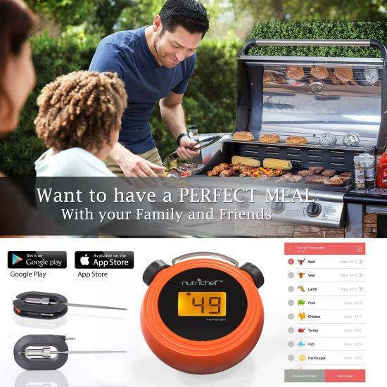 NutriChef Smart Bluetooth BBQ Grill Thermometer - Digital Display, Stainless Dual Probes Safe to Leave in Outdoor Barbecue Meat Smoker - Wireless Remote Alert iOS Android Phone WiFi App (PWIRBBQ60)