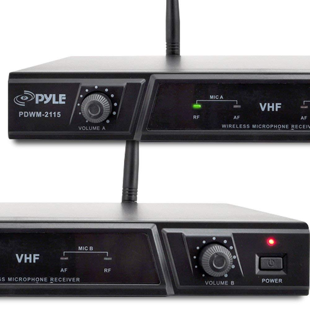 PylePro Dual Ch. VHF Wireless Microphone Receiver System, Handheld & Lavalier Mics, Belt Pack Transmitter, Headset, (PDWM2115)