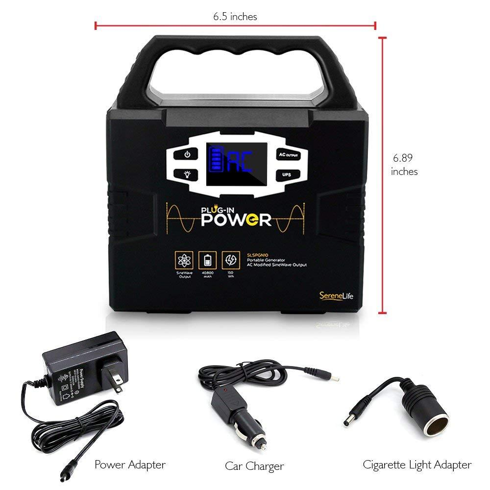 SereneLife Rechargeable Battery Portable Power Generator - 150-Watt Solar Panel Compatible, Dual USB Device Charge Ports, Digital LED Display Panel - Works with Phones, Tablets & Laptops (SLSPGN10)