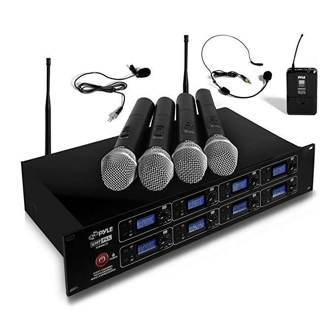 Pyle Professional 8-Ch UHF Wireless Microphone Receiver System, 4 Handheld Mics, Belt Pack Transmitters, Headsets & Lavalier Lapel Mics (PDWM8225)