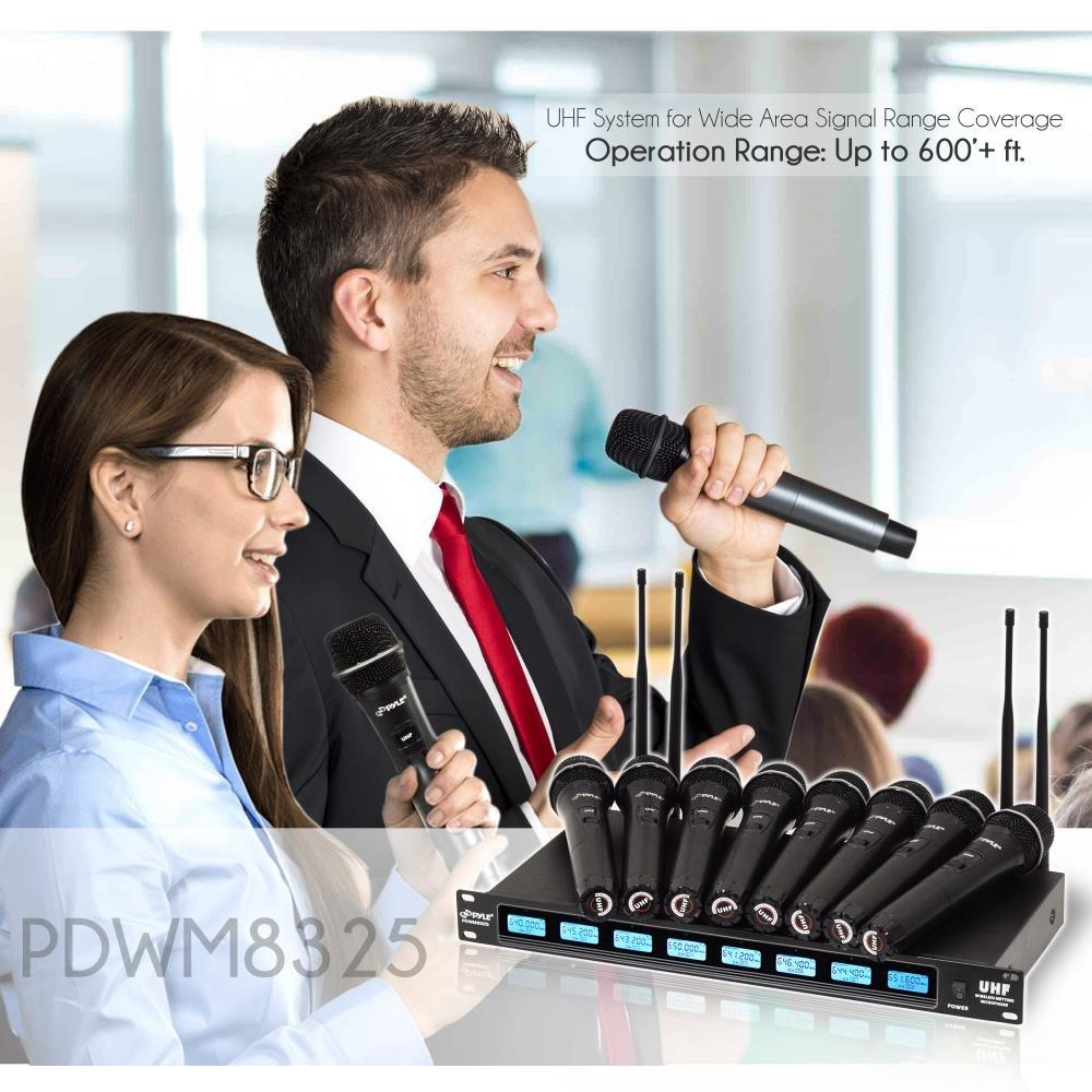 Pyle UHF Wireless Microphone System, 8 Channels, 8 Handheld Mics, Universal Mount, LCD Digital Display,(PDWM8325)