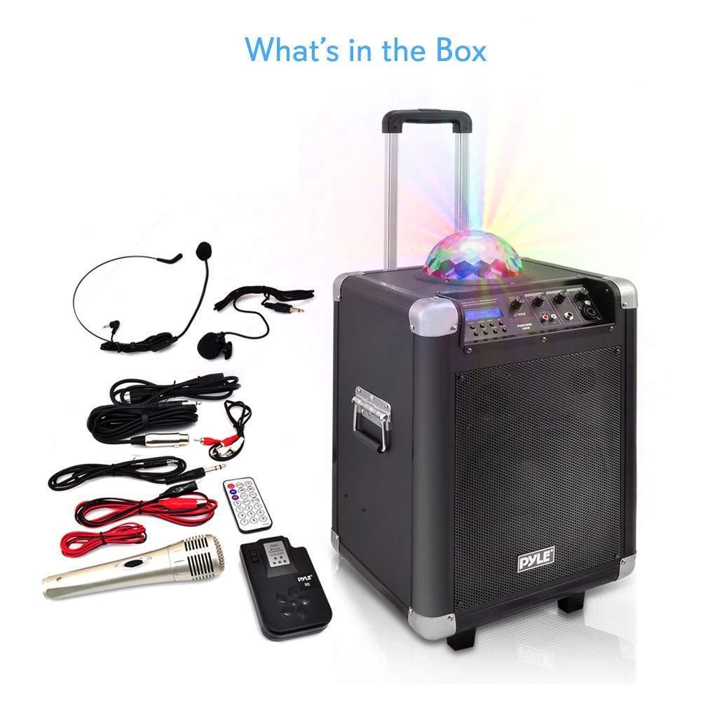 Pyle Portable Karaoke PA Speaker - Disco Jam System Machine with LED Party Light 400 Watt Rechargeable Battery Wireless Headset, Microphone, AM/FM Radio, 10â€ Subwoofer and Bluetooth PCMX280B
