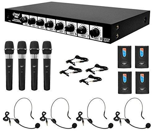 PYLE-PRO 8 Channel Wireless Microphone System-Professional VHF Audio Set with 1/4", XLR Jack-4 Headset, 4 Clip Lavalier, 4 Handheld Mic, 4 Transmitter, Receiver-for Karaoke PA, DJ PDWM8700