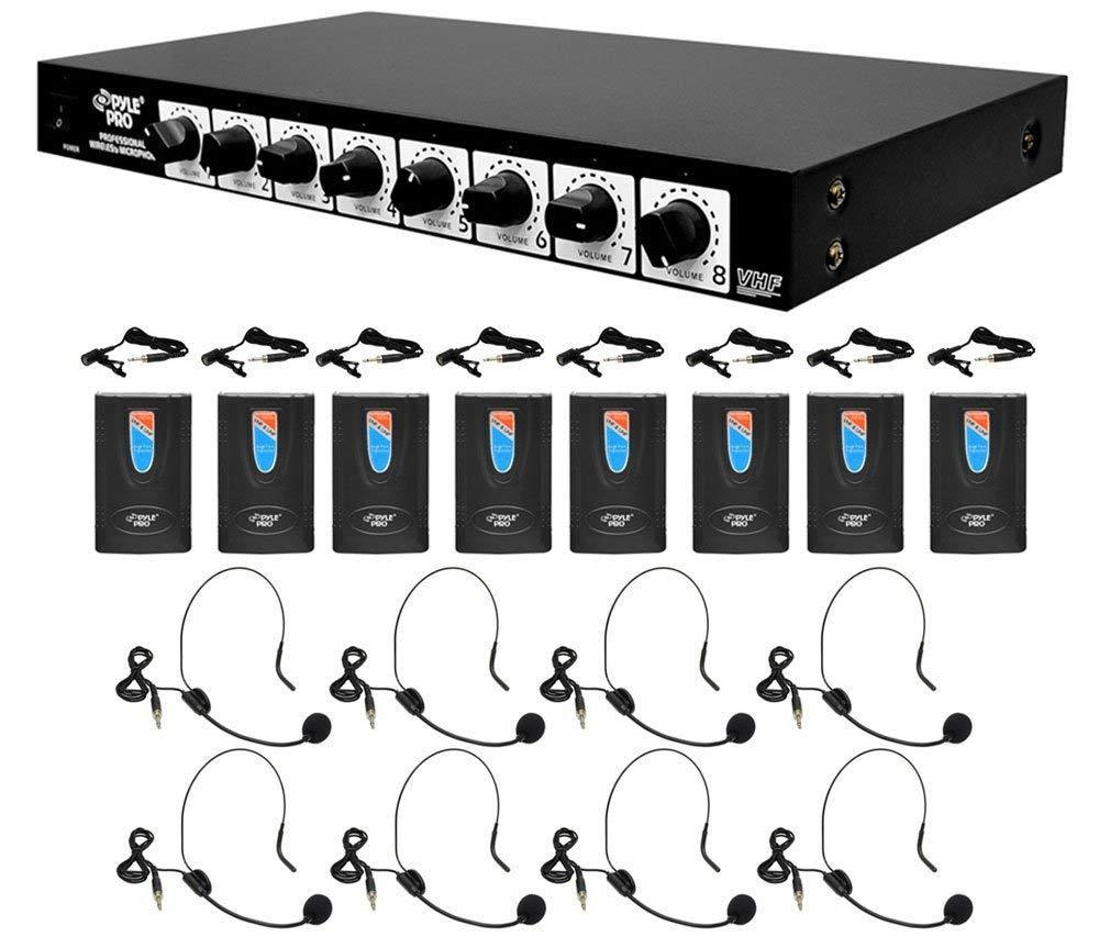 Pyle Wireless Microphone System, 8 Channel, Headsets, Clip Lavalier Lapels, Audio Mixed Output For Karaoke, PA, (PDWM8900)