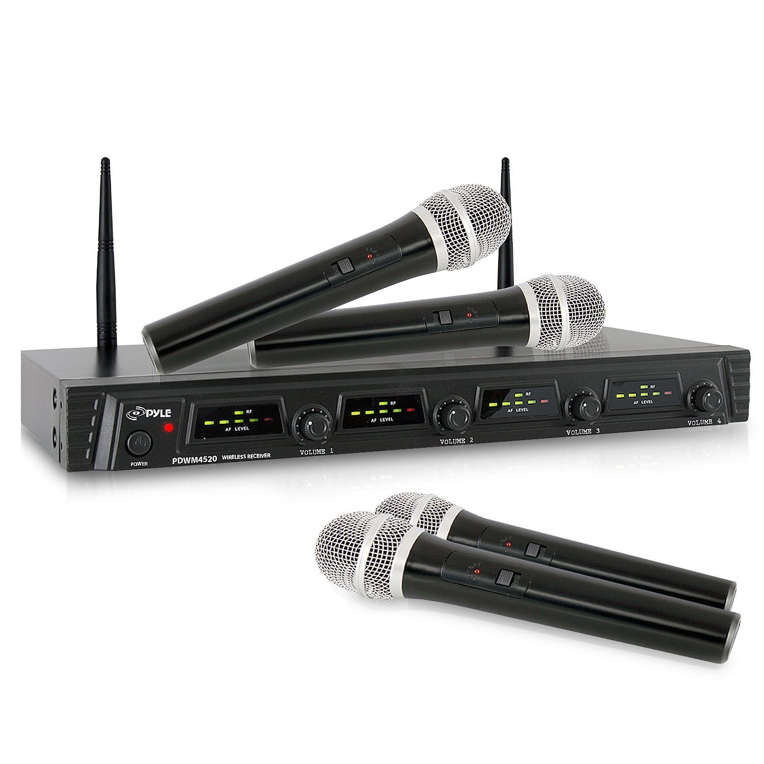 Pyle 4-Ch Wireless Microphone Receiver System, 4 Handheld UHF Dynamic Mics, XLR Jack, Dual Antenna (PDWM4520)