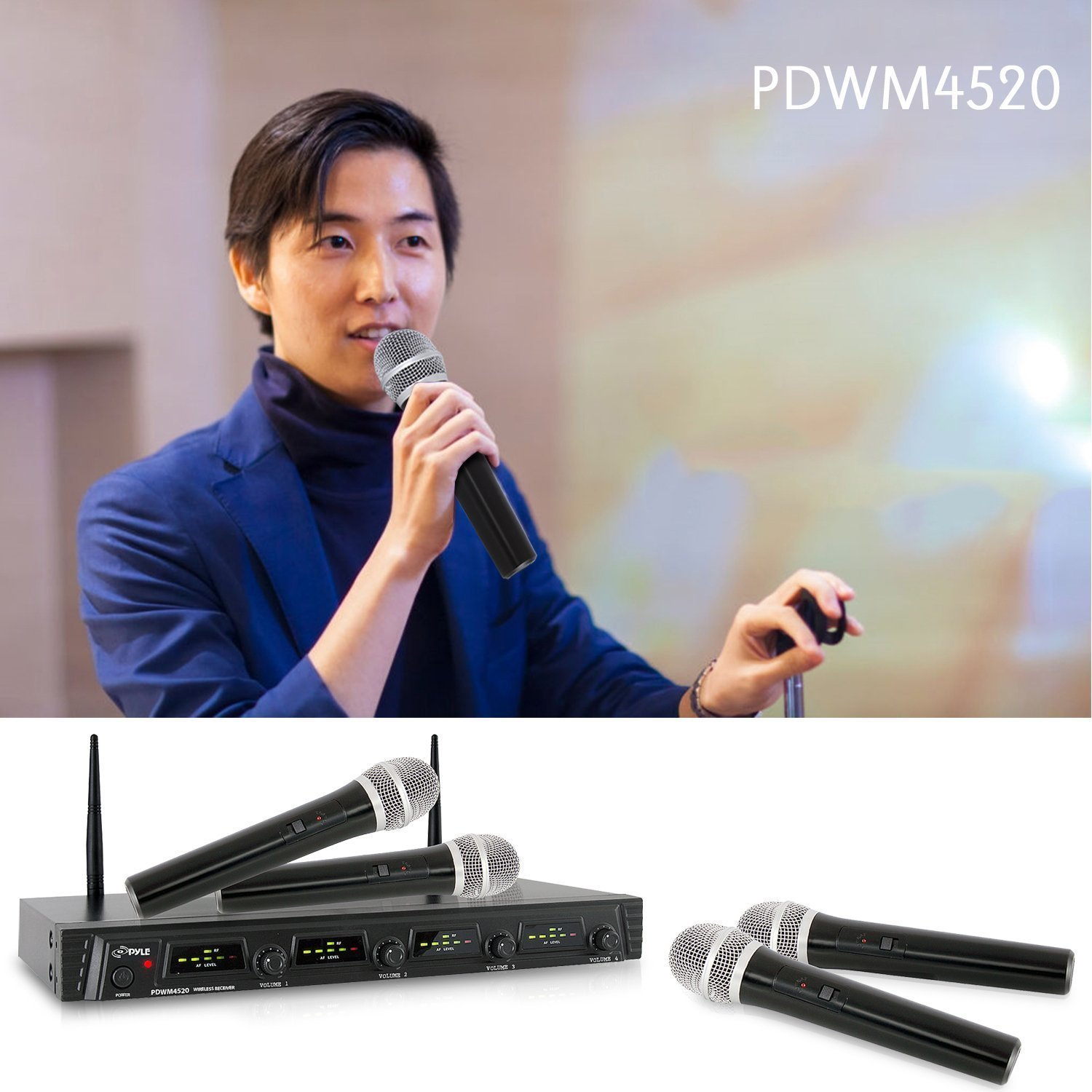 Pyle 4-Ch Wireless Microphone Receiver System, 4 Handheld UHF Dynamic Mics, XLR Jack, Dual Antenna (PDWM4520)