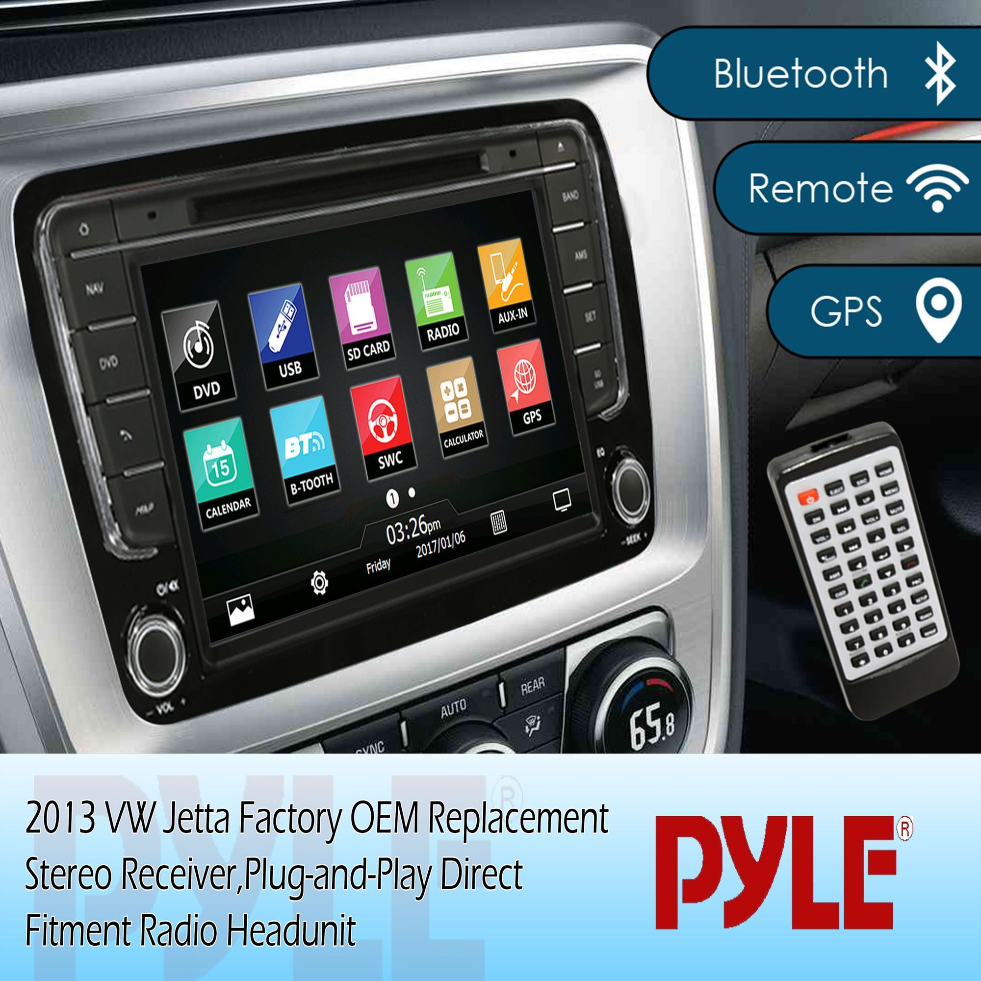 Pyle VW Jetta 2013 Bluetooth Console Stereo Receiver, 8’’ HD Touchscreen, (PVWJETTA13)