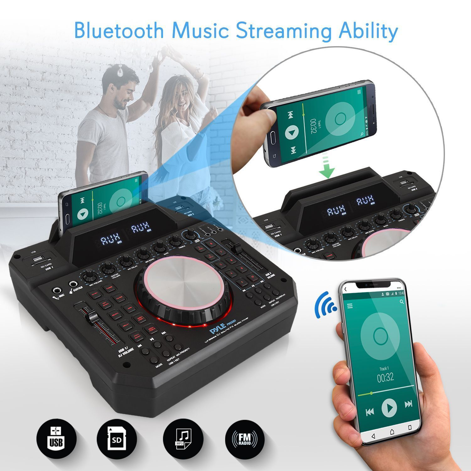 Pyle 2 Ch. Wireless Bluetooth DJ Mixer Recorder Speaker System, (PMX6BU)
