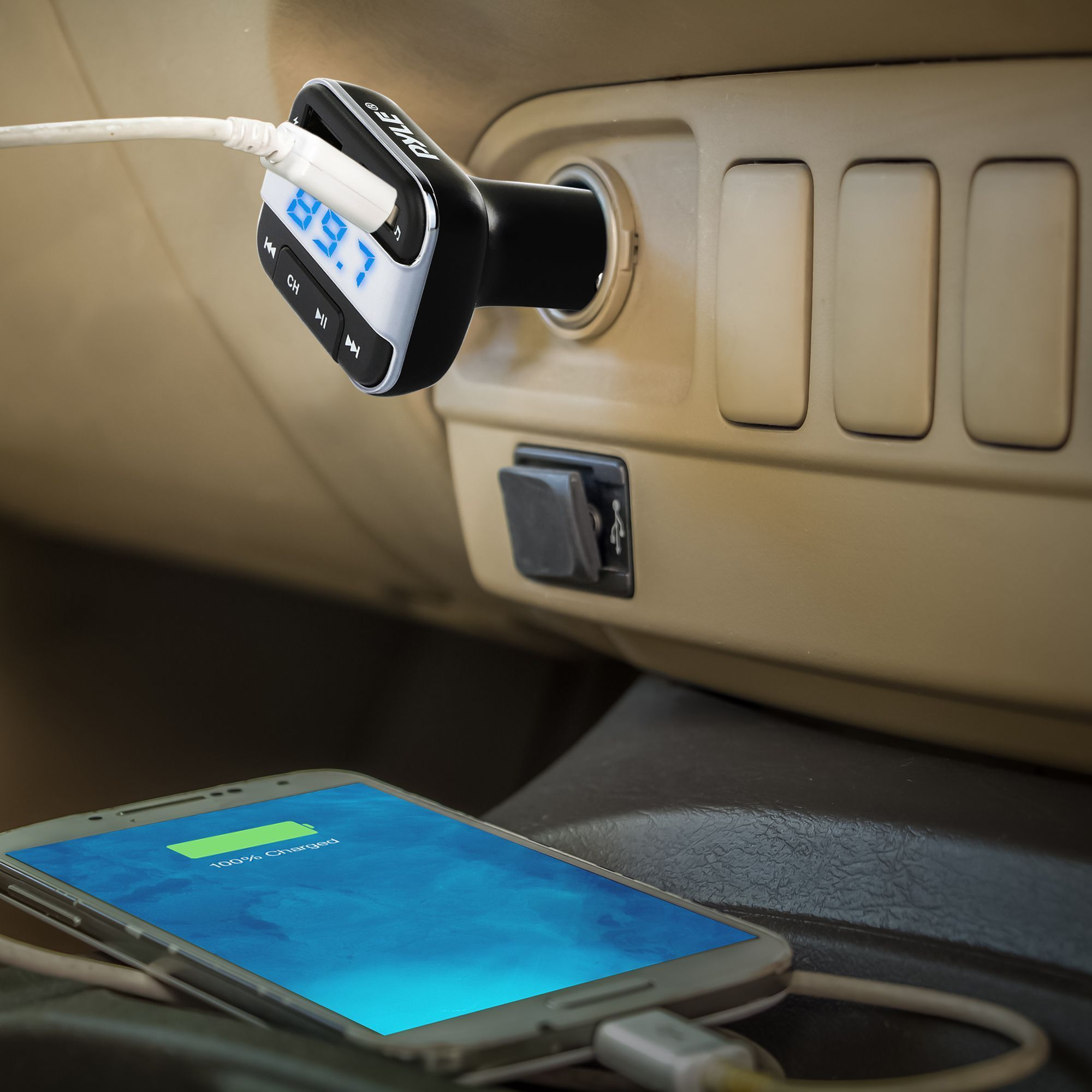 Pyle Universal Bluetooth Vehicle FM Radio Transmitter Receiver, Car Charger, (PBT90)
